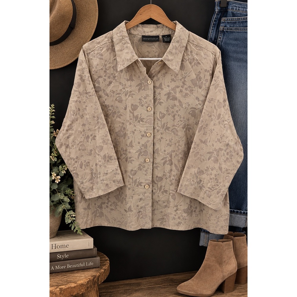 Relativity Floral Button Up Blouse 3/4 Sleeve XL Tan Boho neutral earthy